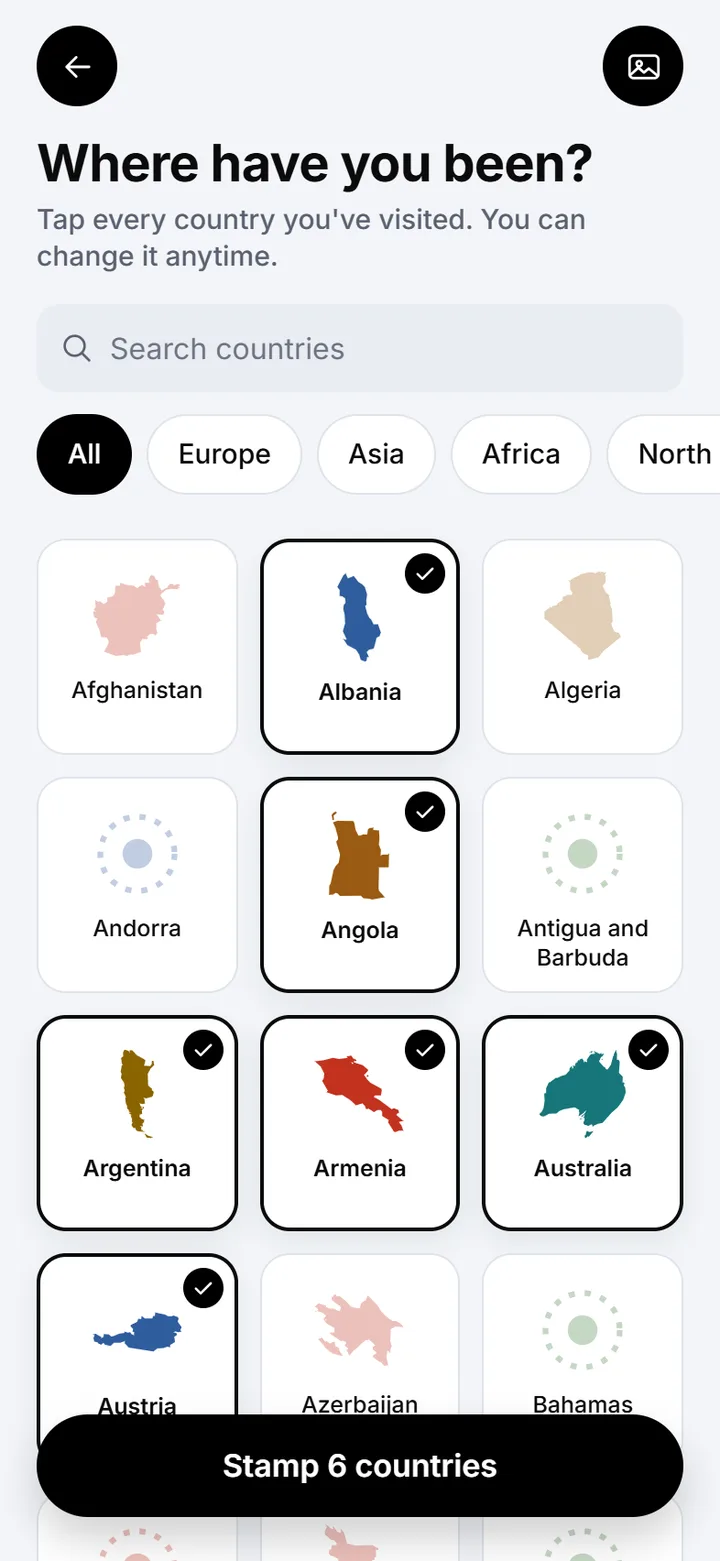 Tap every country you have visited, with a country map for each