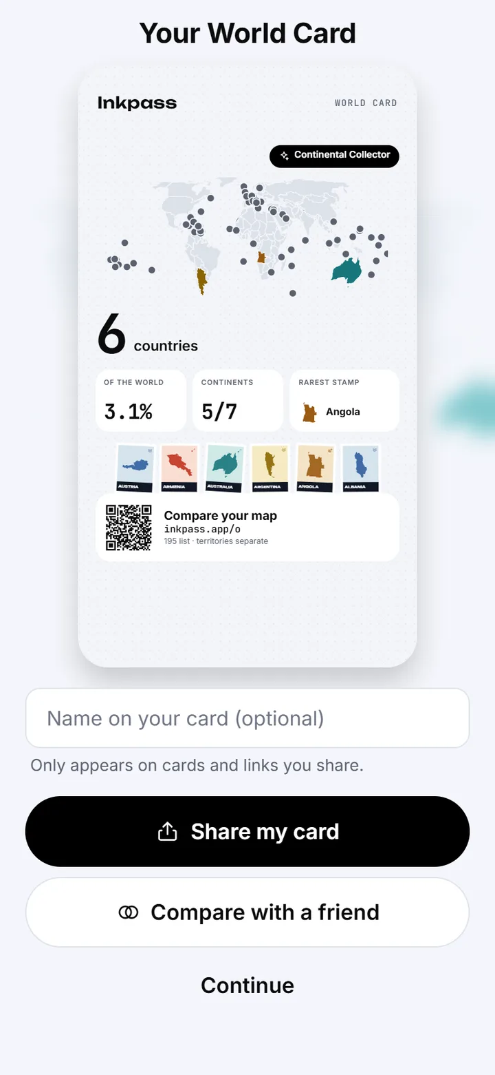 Your World Card with stamps, continents and a compare code
